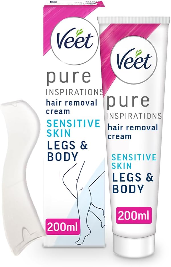 Veet Pure Sensitive Hair Removal Cream 200 ml - Leg Depilatory for Smooth, Exfoliated, and Hydrated Results with Shea Butter