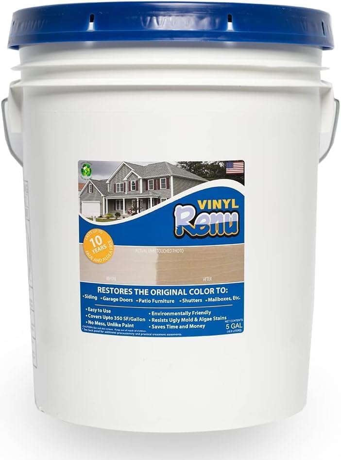 Vinyl Renu Premium Color Restorer Restores Original Color and Beauty to Vinyl, Aluminum, Hardie Boards Works Great on all Doors & Faded Surfaces Rejuvenates Plastics & Metals Lasts 10+Years 5G Pail