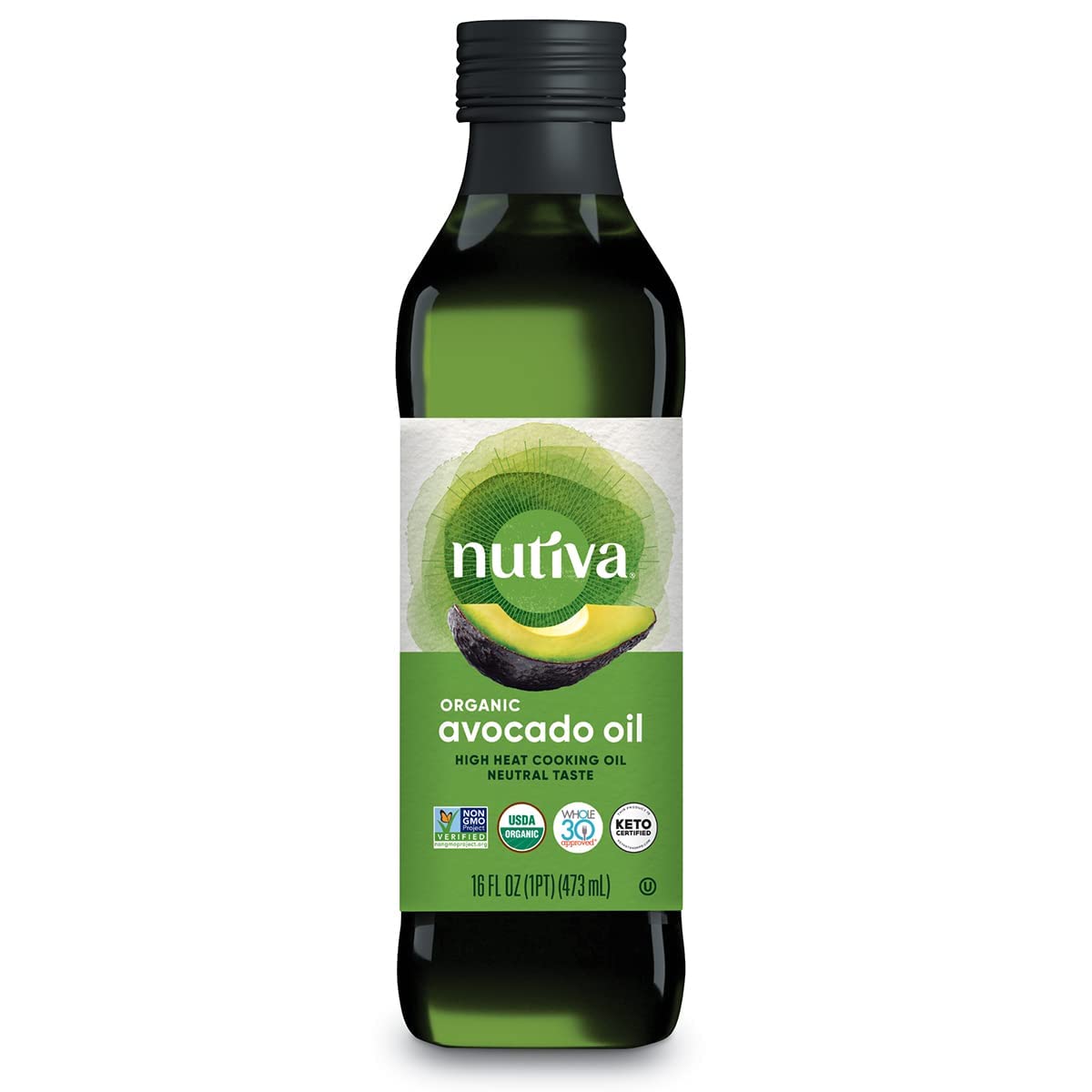 Nutiva Organic Steam-Refined Avocado Oil, 100% Pure, 16 Fl Oz, USDA Organic, Non GMO, Whole 30 Approved, Keto, Paleo, High-Heat Oil with Neutral Flavor and Aroma for Cooking & Frying