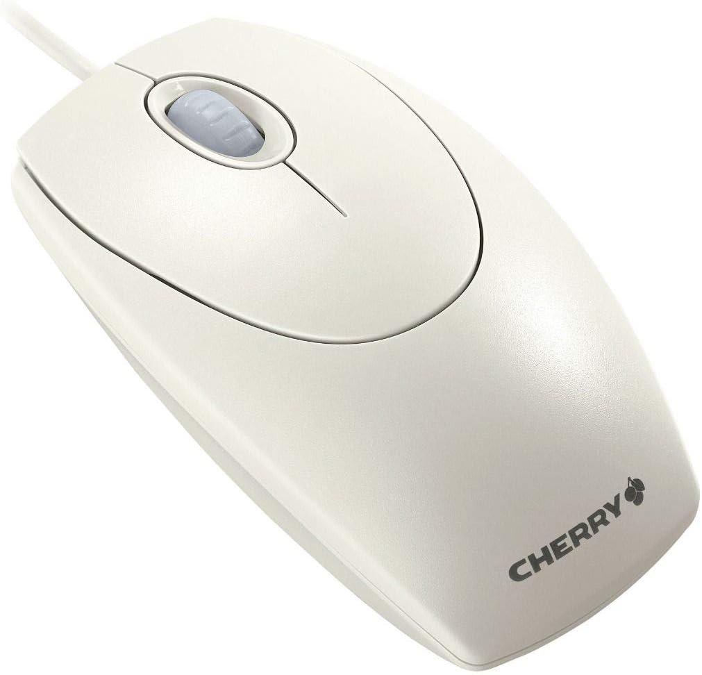 CHERRY WheelMouse, Wired Mouse, Symmetrical Design for Right and Left-Handers, Optical Sensor, USB Connection, PS/2 Adapter Included, Light Grey
