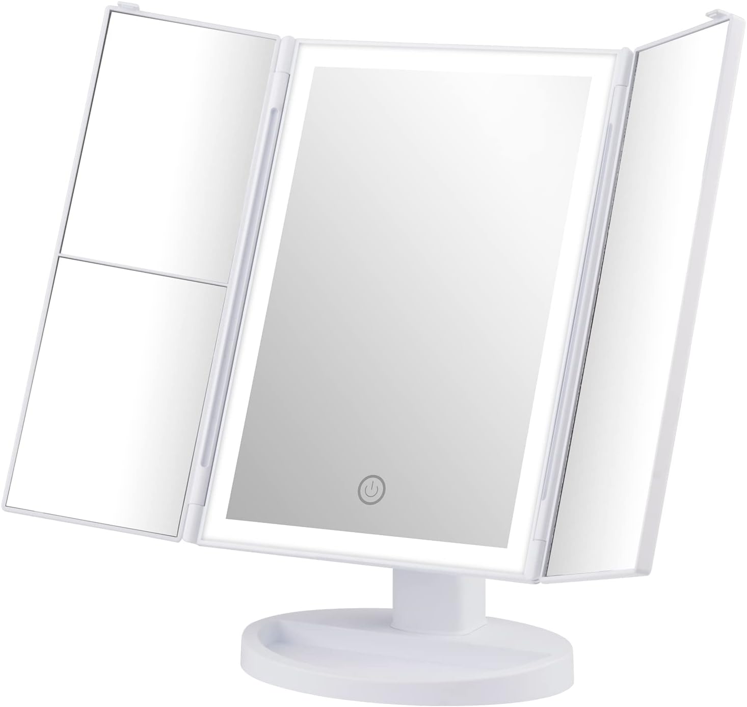 GRIFEMA Vanity Makeup Mirror - Trifold Table Mirror with 32 LED Lights & 3X/2X/1X Magnification, Touch Screen, 360° Rotation, Two Power Supply - Gift for Women, White