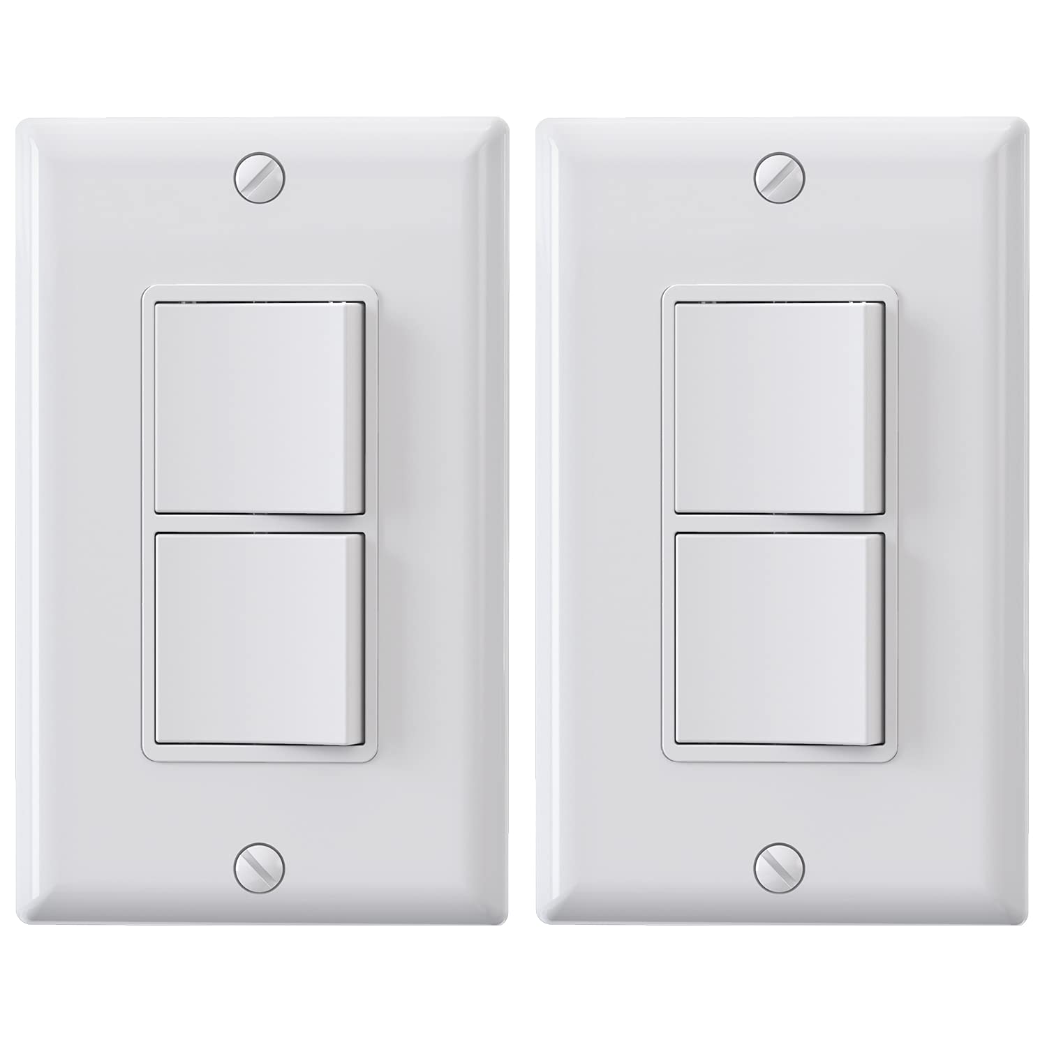 ELEGRP Decorator Double Rocker Light Switch, Two Single Pole Electrical Paddle, 15A 120V, In-Wall On/Off, Self-Grounding, Wall Plate Included, UL Listed (2 Pack, Glossy White)