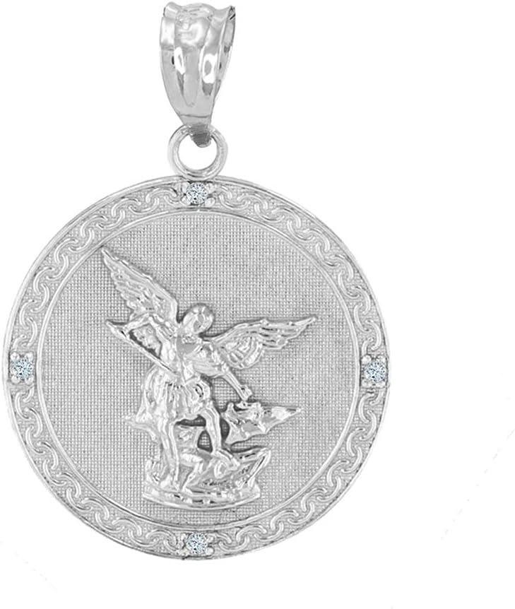 .925 Sterling Silver Saint Michael The Archangel White Cubic Zirconia Accented 1” Medal Pendant Necklace with Rolo Chain and Pendant only
