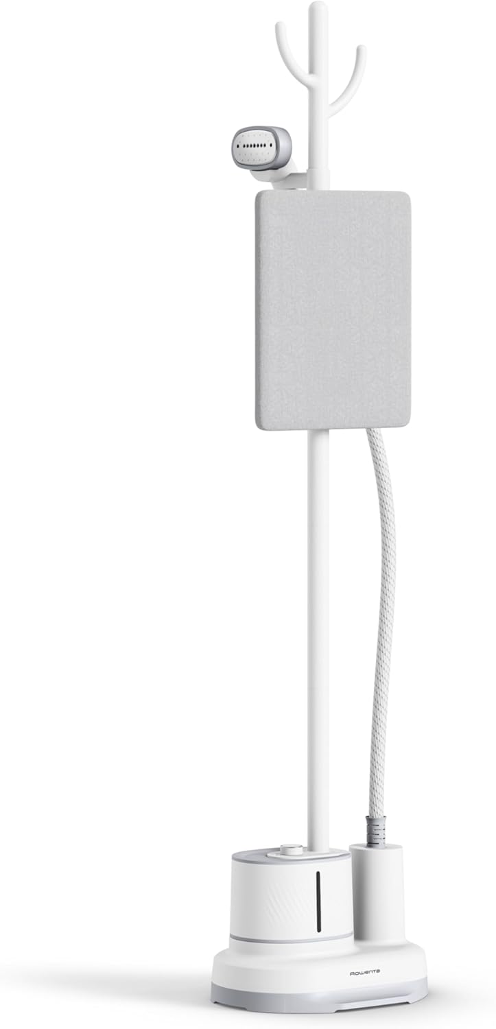 Rowenta Steamer for Clothes with Ironing Board, Home Steam, Stainless Steel Full Size Steamer, 47.33oz Water tank, Hanger rack for Clothes, Compact, 1800 Watts, White IS3250