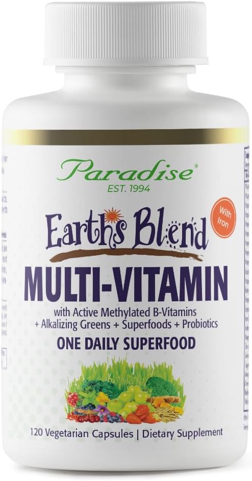 Paradise Herbs Earth's Blend Women's Once Daily Multivitamin with Iron, 48 Organic Superfoods, Probiotics, Antioxidants, Vitamins A, B12, C, D, K2, 120 Capsules