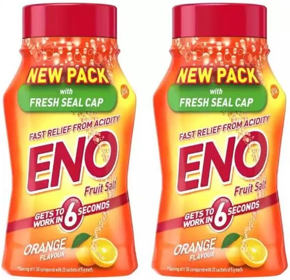 E-no Fruit Salt Antacid | Quick & Effective Relief from Acid Reflux, Indigestion & Acidity | 2 x 100g Bottles Orange Flavour