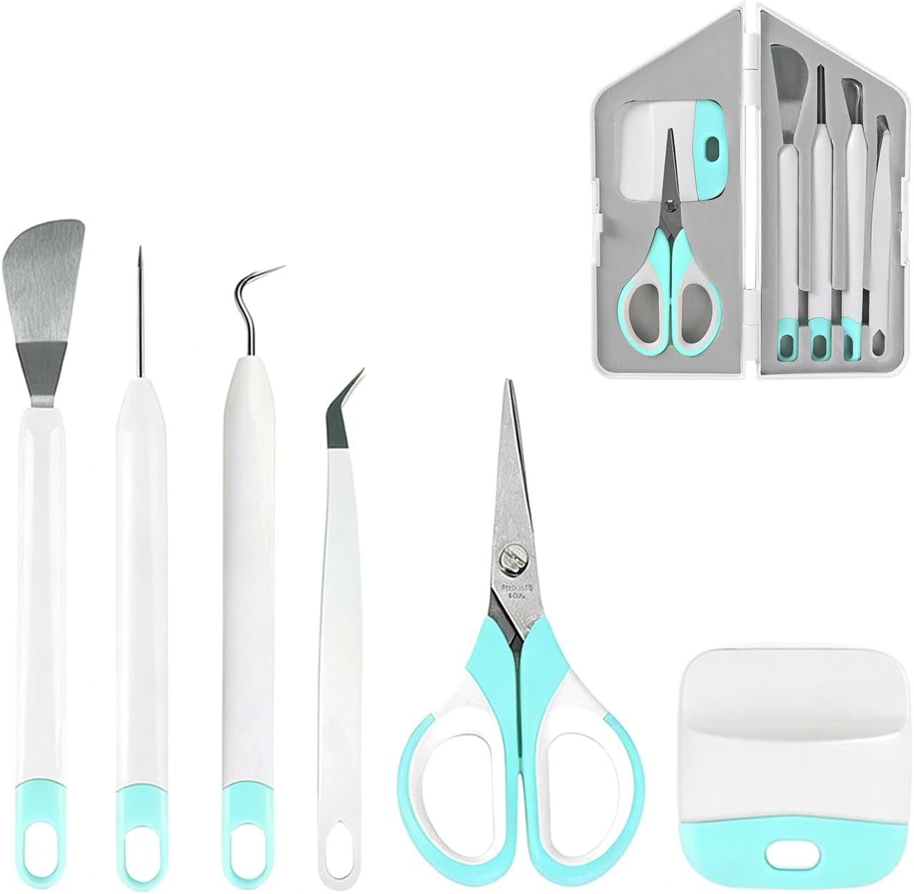 Craft Vinyl Weeding Tools Set+ 1 Pcs Storage Box - 6PC Basic Kit for Cricut, Silhouette,Iron-on Projects, Cardstock Crafting,Vinyl Scissors with Cap/Piercing Tool/Weeder/Tweezers/Scraper