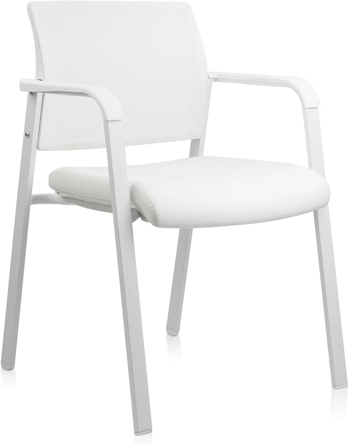 CLATINA Stacking Office Chairs | Mesh Back, Thicken Leather Seat and Streamline Arms, Ergonomic Lumber Support | Guest Reception, Waiting, Conference, School, Party, Customer, Side, Stationary, White