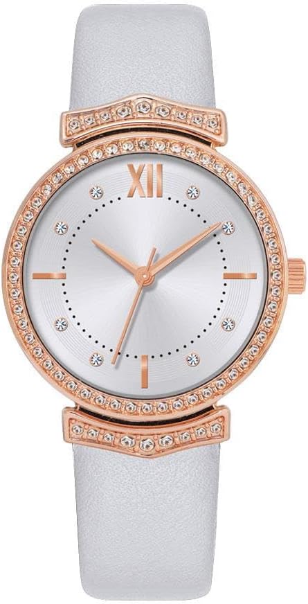 NUOVO Women's Rose Gold White Dial Watch with Three Fake Timers, White Leather Strap, White, Modern