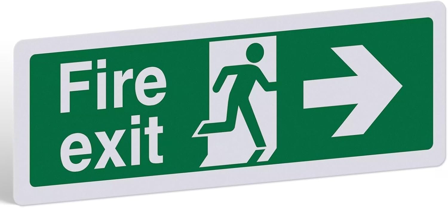 Fire Exit Sign Arrow Right - 1mm PVC Rigid Plastic with Self-Adhesive Backing - Landscape - 300mm x 100mm