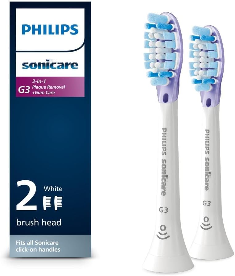 Philips Sonicare G3 2-in-1 Plaque Removal + Gum Care Brush Heads, Genuine Replacement Toothbrush Heads, White, 2 Pack, HX9052/65