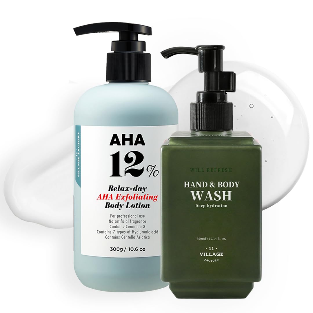 Shower Bundle: AHA 12% Body Lotion & Will Refresh Hand and Body Wash Tea Tree & Eucalyptus Oils – 10.6 oz & 10.14 oz – Paraben Free & Cruelty-Free