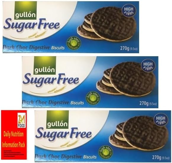 Gullon Sugar free Dark Choc Digestive Biscuits 270g, I Pack of 3 I perfect for gifting for him & her, diabetic friendly biscuits on christmas, birthday with zamfoods nurtirion pack (1 Bundle)