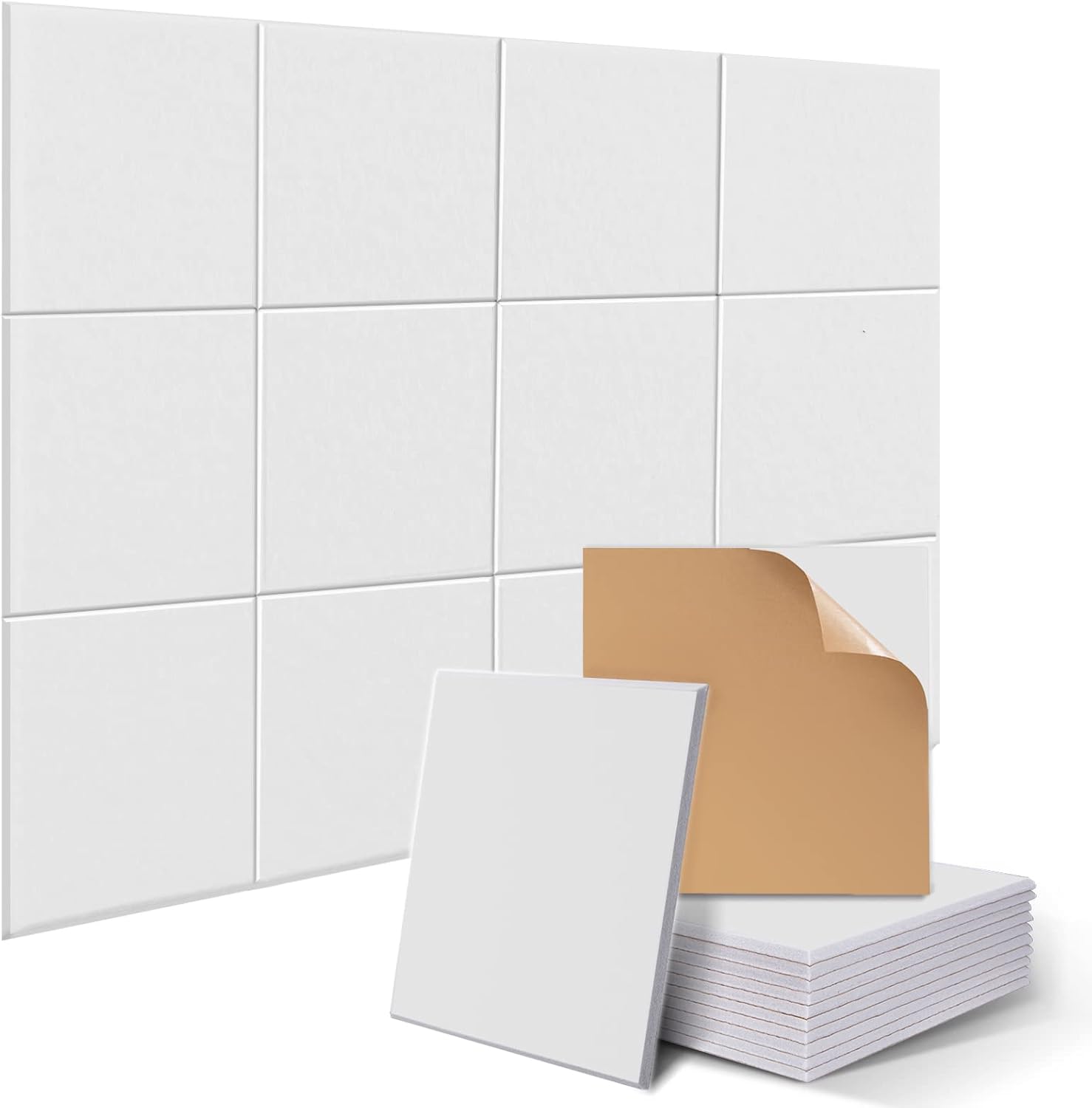 JAMELO 12 Pack Square Acoustic Panels Self-Adhesive, High Density Sound Proofing Panels for Walls, Sound Deadening Insulation Treatment Sound Absorbing for Studio, Office, Home, 30x30x0.9cm White