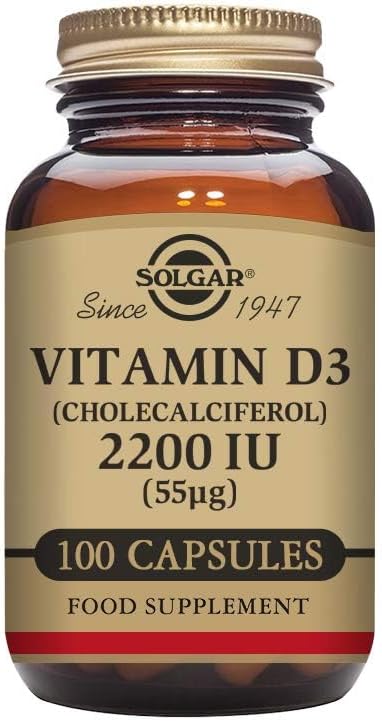 Solgar Vitamin D3 (Cholecalciferol) 2200 IU (55 µg) Vegetable Capsules - Pack of 100 - Healthy Bones and Teeth - Supports Immunity and Muscle Function - Vegetarian