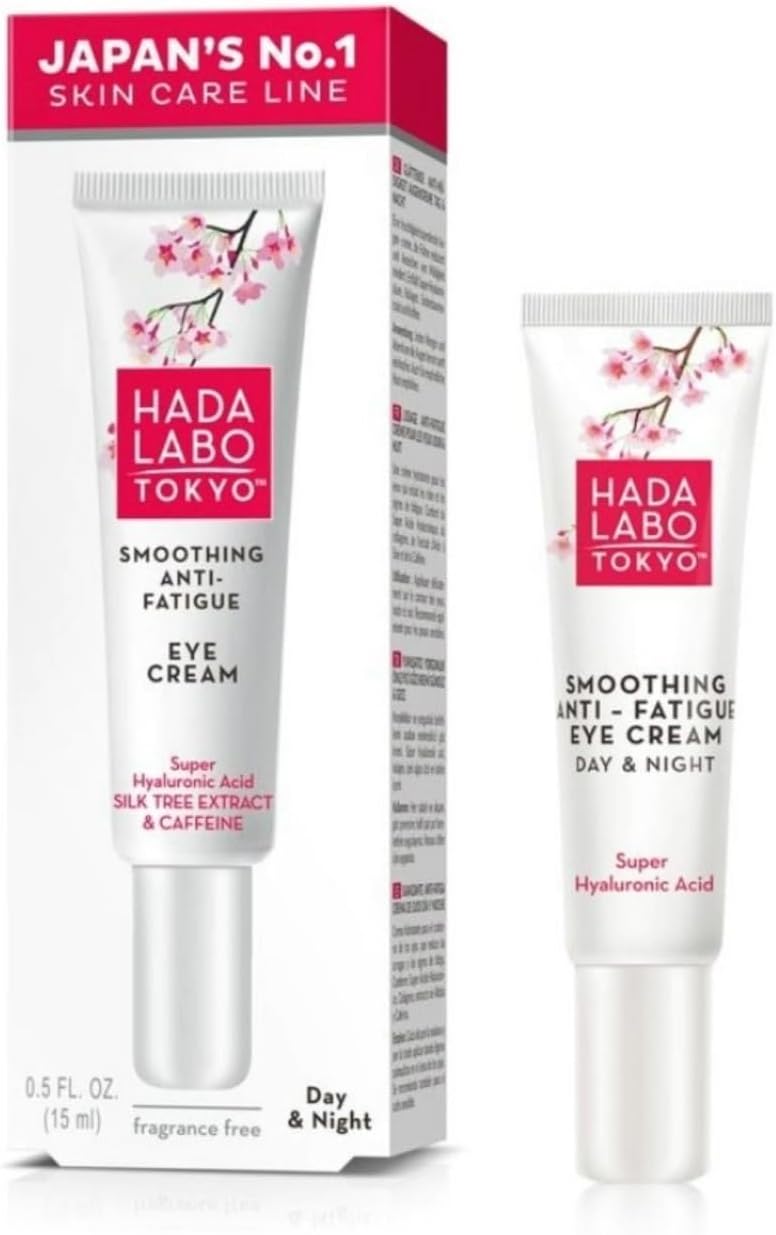 Hada Labo Tokyo - Super Hyaluronic Acid Smoothing Anti Fatigue Eye Cream Day and Night, with Silk Tree Extract & Caffeine, for Age 18-39, 15 ml Tube (Pack of 1)