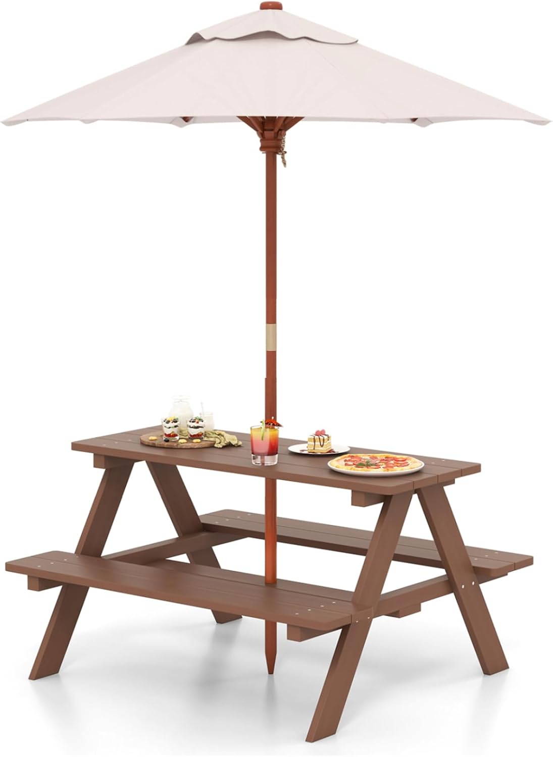HONEY JOY Kids Picnic Table, Toddler Outdoor Table & Bench Set, Wooden Children Patio Furniture with Folding Umbrella, Kids Picnic Tables for Outdoors, Gift for Boys Girls