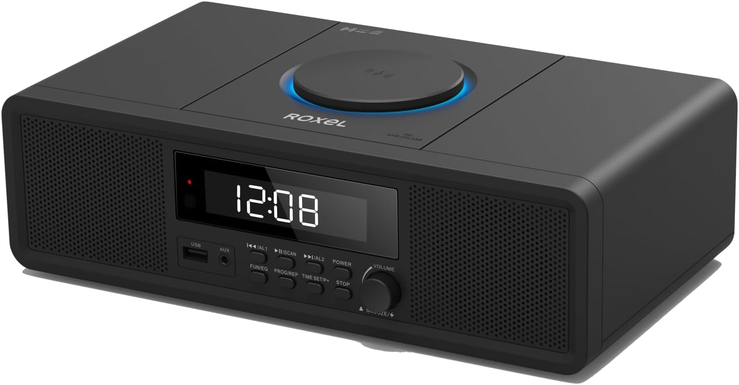 Roxel RCD-330BT All-in-One Compact Mini System with CD Player, USB Playback, FM Radio, BT Streaming, Headphone Jack and Wireless Phone Charging