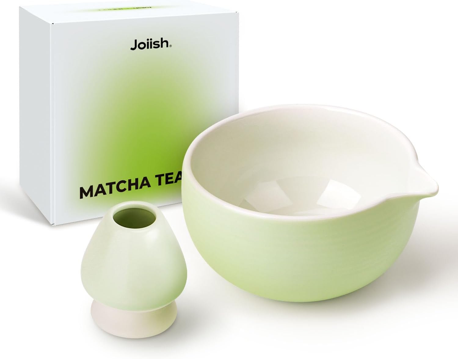 Joiish Matcha Bowl and Whisk Holder Set, Ceramic Tea Bowl and Whisk Stand, Matcha Tea Mixing Bowl with Spout (18 Ounce), Whisk Rest, Light Green