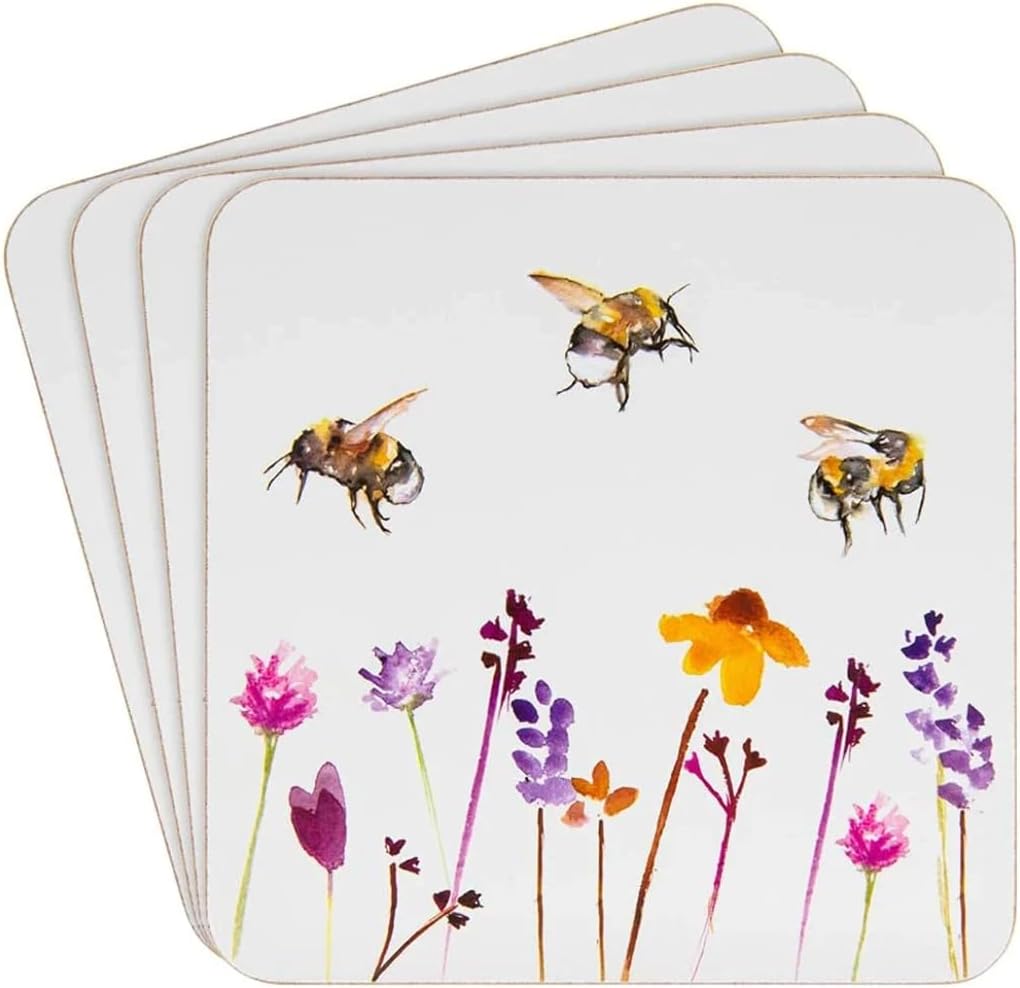 Heat Resistant Cork Back Coasters Pretty Water Colour Busy Bees Design by Jennifer Rose Gallery