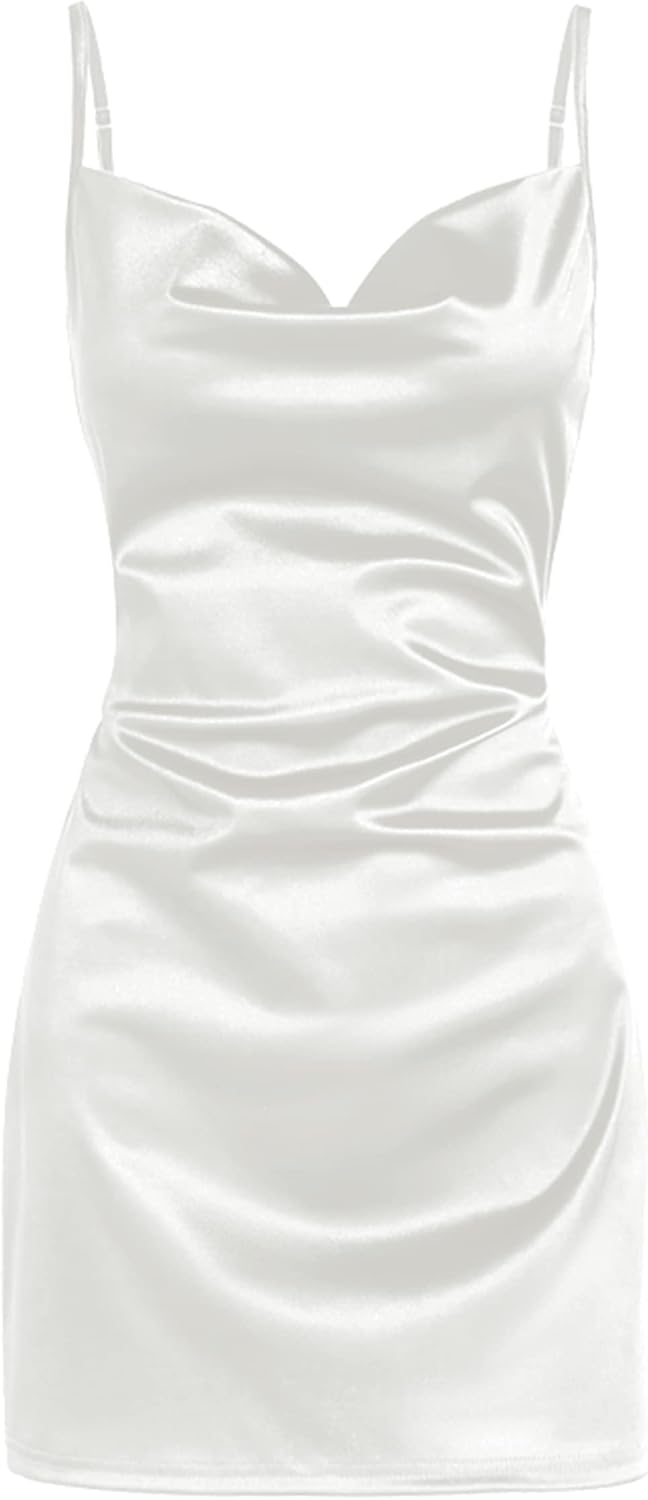 ZAFUL Women's Satin Sleeveless Spaghetti Strap Mini Dress Sexy Slip Cowl Neck Silky Cocktail Party Dresses