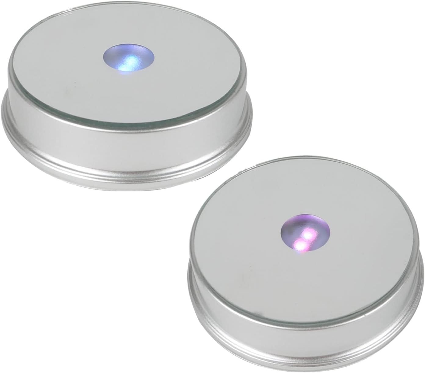 LED Display Base, Round Colorful LED Light Dispaly Base with Mirror Top, Art Figurine Crystal Display Base Stand for Crystal Glass Ball Art Decors, 3 AAA Batteries Powered (2PCS,Silver)