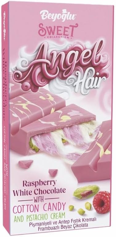 Beyoglu New Viral Angel Hair chocolate - Raspberry White Chocolate with Cotton Candy and Pistachio Cream, 185g