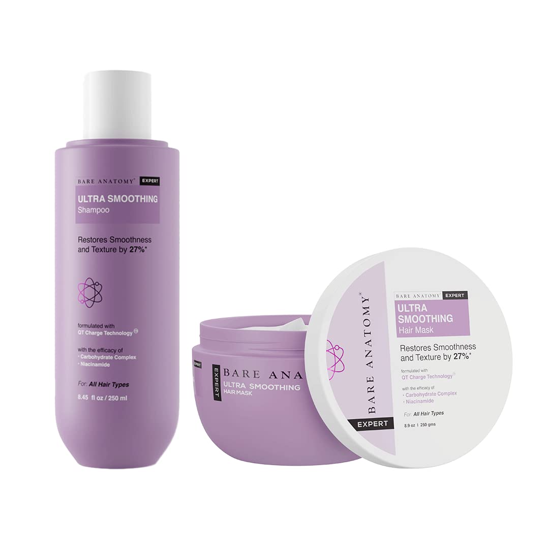 Bare Anatomy Ultra Smoothing Shampoo and Hair Mask Kit | Carbohydrate Complex & Niacinamide | Dry & Frizzy Hair | Paraben & Sulphate Free | Women & Men | 250ml + 250g
