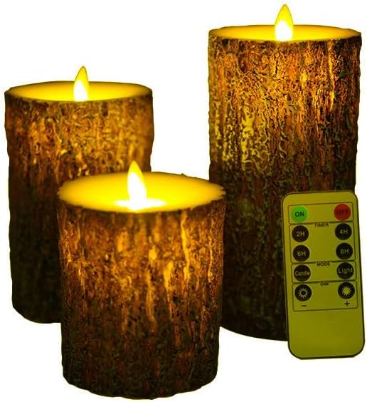 NICEME LED Pine Bark Flameless Candles with Remote Timer Set of 3 Real Wax Battery Operated Candles Flickering Moving Wick Electric Decorative Pillar Bark Candles, D3 x H4 5" 6"