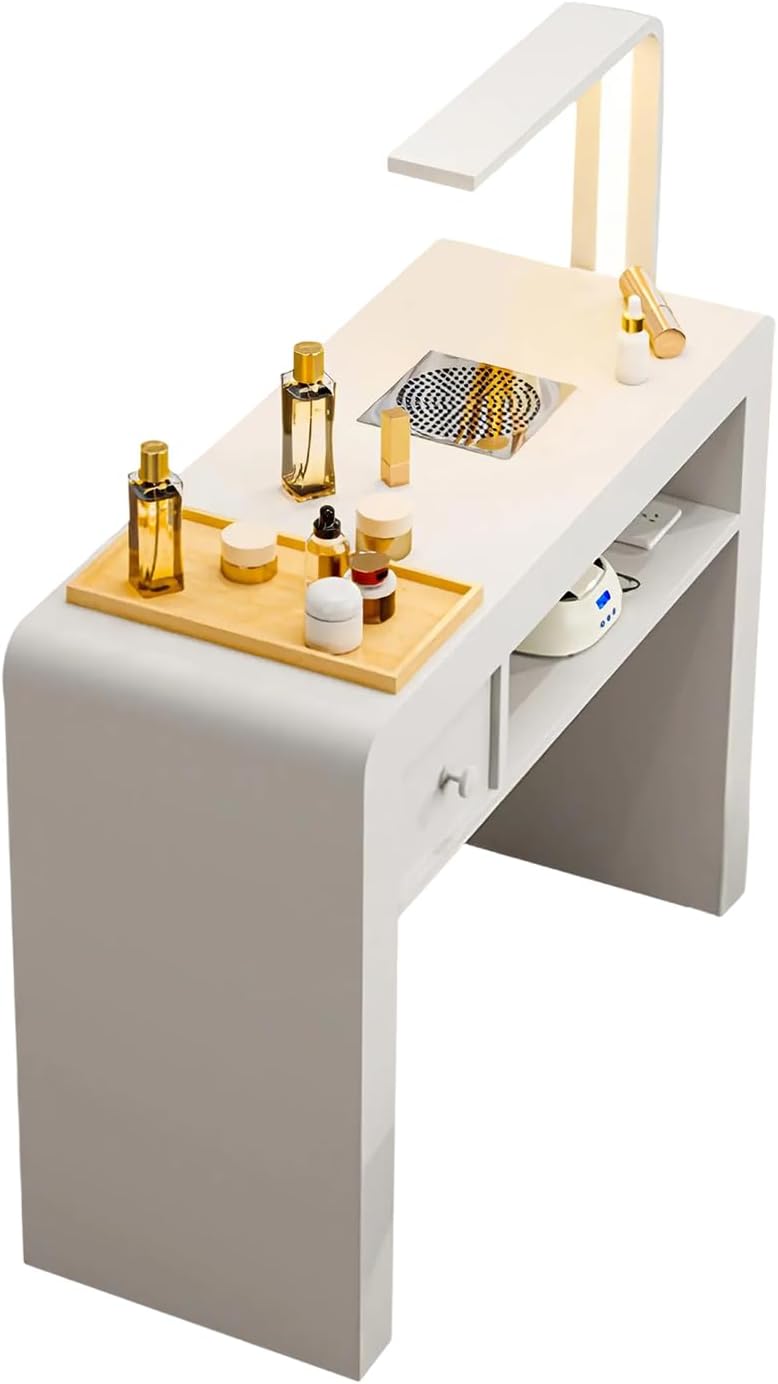Manicure Table, Wooden Nail Station with Dust Collector, Power Outlets and USB Port, Desk Lamp, Multifunctional Nail Table Station for Nail Tech for Home Spa Beauty Salon Workstation, White (1m)