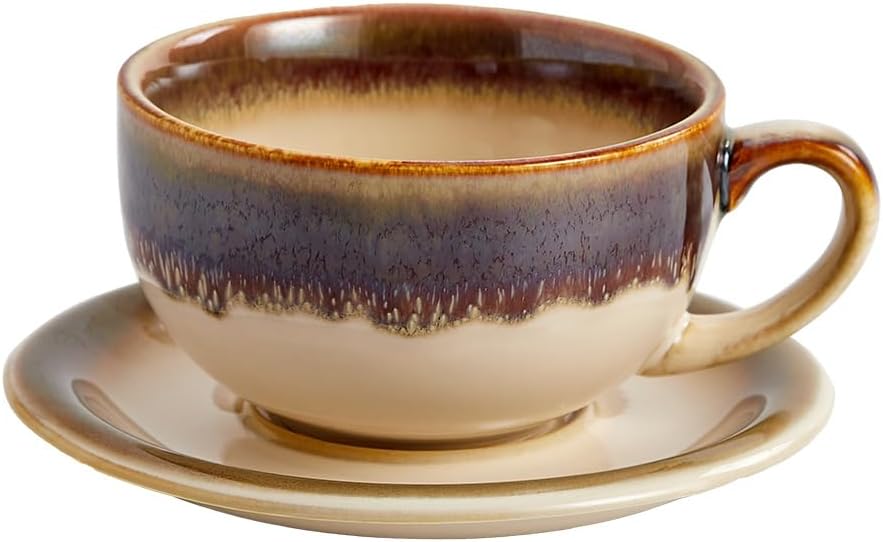 Vintage Design 12 oz Ceramic Latte Art Cappuccino Barista Cup with Saucer (Brown)