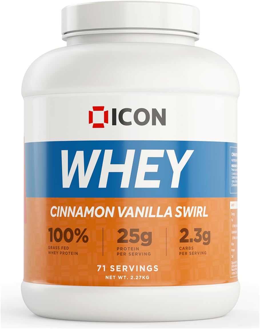 ICON Nutrition Whey Protein Powder — Cinnamon Vanilla Swirl — High Protein, Grass Fed, Low Carbs & Fat, Complete Amino Acid Profile, Cold Shakes or Mix with Foods — 2.27kg, 71 Servings