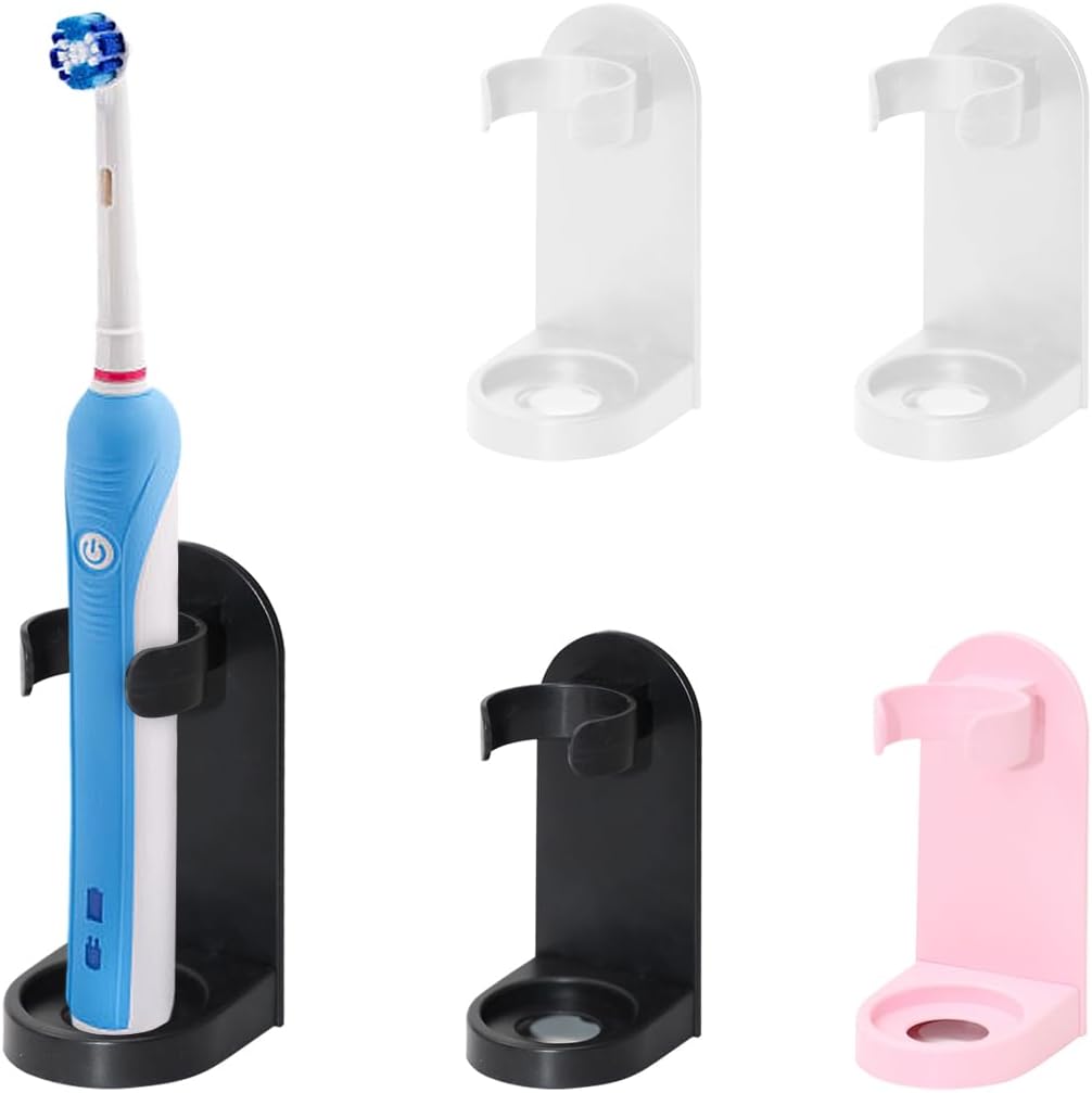 4 Pack Electric Toothbrush Holder - Wall Mounted Self-Adhesive Toothbrush Stand Organizer with Universal Toothpaste Storage for Bathroom - Set of Pink, Black, and White Holders