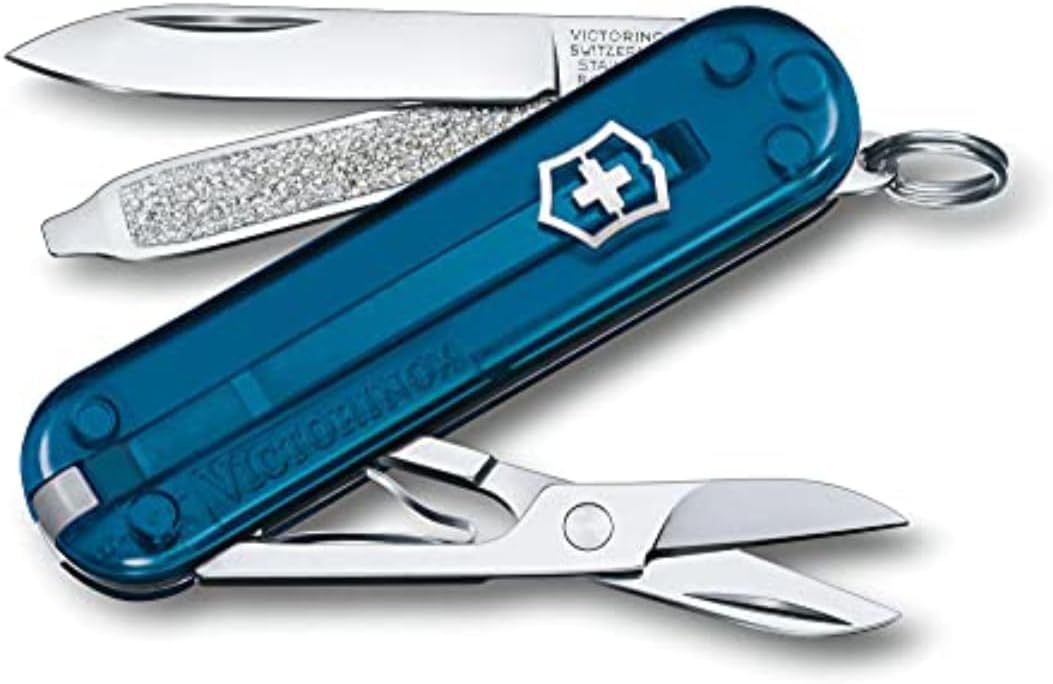 Victorinox Classic SD Mini Swiss Army Knife, Camping Pocket Knives, 7 Functions, Blade, Keyring, Petrol Transparent