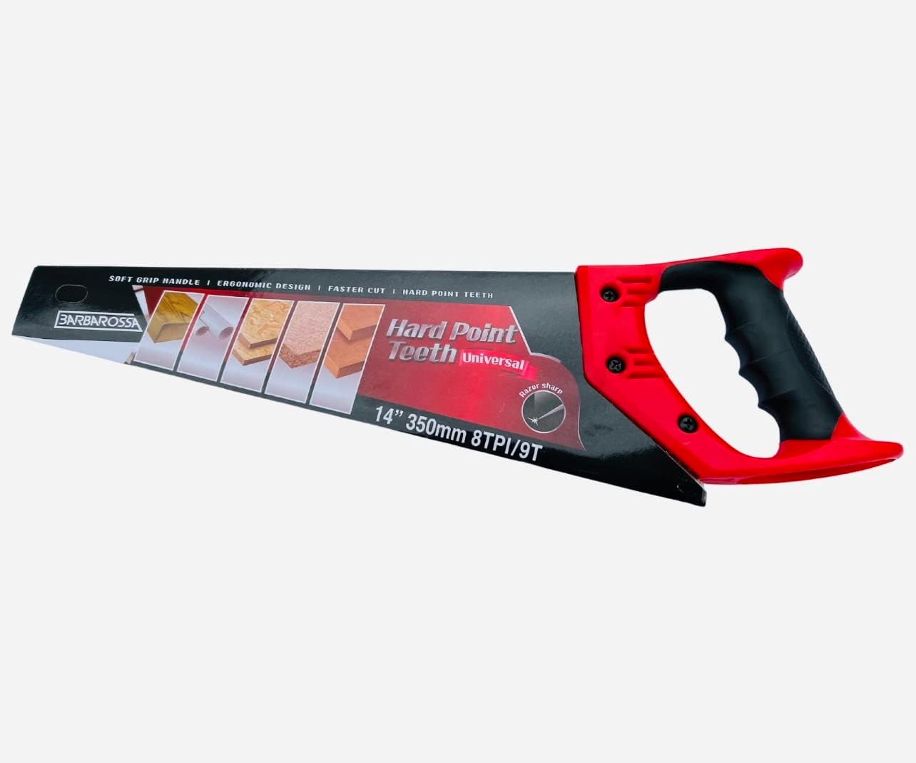 Barbarossa Pro Hand Saw, Perfect for 1st Fix Heavy Duty Sawing, Trimming, Gardening, Wood Cutting, Plastic, Made from Carbon Steel with 8 TPI / 9 Points, ABS Plastic Soft Grip Handle (14" / 350mm)