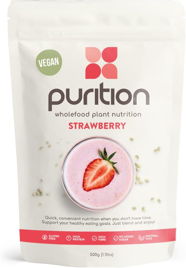 Purition Vegan Strawberry, Natural, Gluten Free, High Protein, Dairy Free, Low Sugar, Keto, Meal Replacement Shake for Healthy Weight Management, 500g, 12 Servings