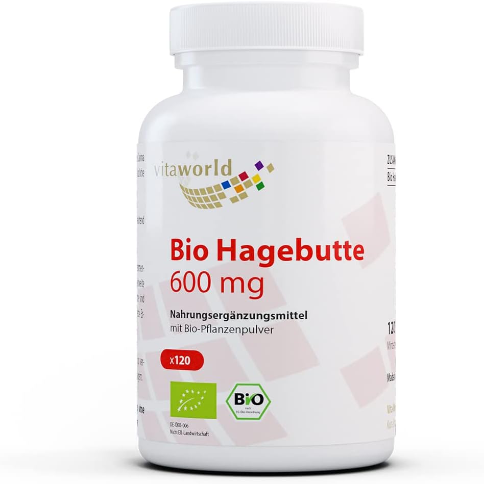 Pack of 3 Vita World Rosehip 600 mg Organic 3 x 120 Capsules Vegan 100% Pure Hagebutte Made in Germany