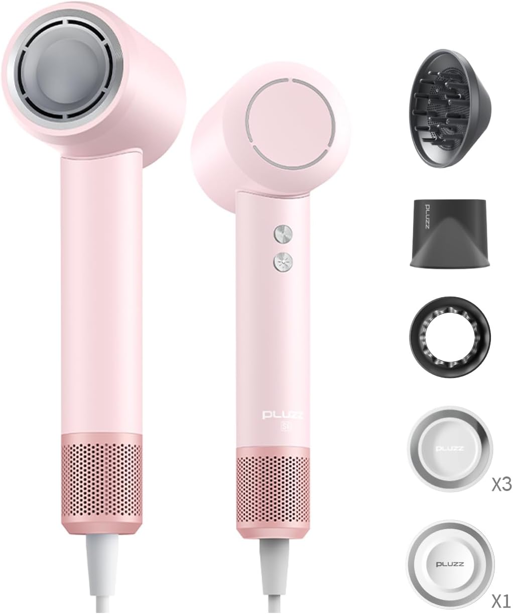PLUZZ SE Hair Dryer - Fast Drying Blow Dryer with Diffuser and Holders, 270 Million Ions and 110,000 RPM Powerful Motor for High Airflow - Compact, Low Noise 1600W for Travel, Home, and Salon Use