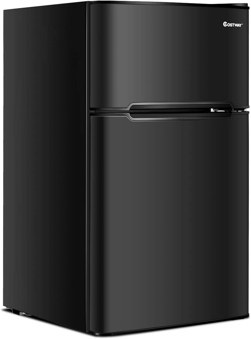 COSTWAY Compact Refrigerator, 3.2 cu ft. Unit 2-Door Mini Freezer Cooler Fridge with Reversible Door, Removable Glass Shelves, Mechanical Control, Recessed Handle for Dorm, Office, Apartment (Black)