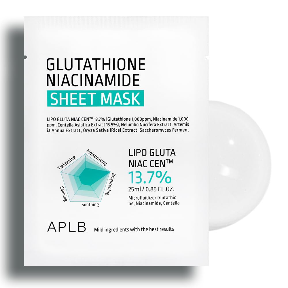 APLB Glutathione Niacinamide Sheet Mask 10pcs | LIPO GLUTA NIAC CEN™ 13.7% 0.85 FL.OZ/Korean Skincare, Deep hydration & Soothing, Sensitive Skin, Improve skin elasticity