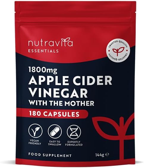 Apple Cider Vinegar Capsules 1800mg - ACV with Mother - 180 High Strength Vegan Capsules from UK Grown Apples, 60 Day Supply - Alternative to Apple Cider Vinegar Tablets - Raw & Unfiltered - Nutravita