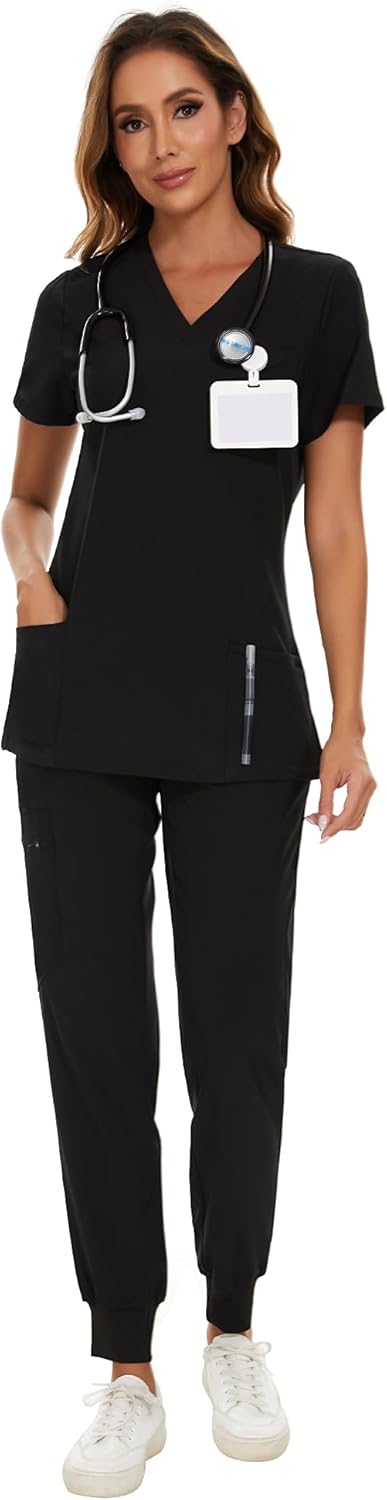 COZYFIT Scrubs for Women Set - Stretch V-Neck Scrub Top & Jogger Pant with 8 Pockets
