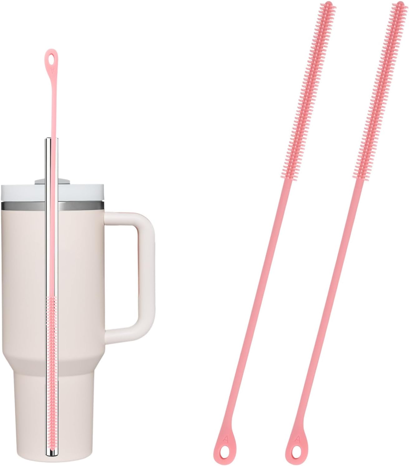 BOXOB 2pcs Silicone Straw Cleaner Brush, 9.5in Extra Long Reusable Straw Brush for Stanley, Metal, Glass Straws, Bendable Travel Drinking Bottle Lid Cleaning Tool for Crevice Pipe Tube (Pink)