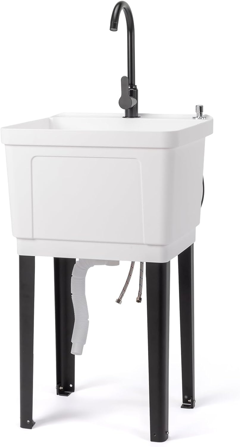 VINGLI 13-Gallon Utility Sink Laundry Tub for Washing Room, Freestanding Utility Sink with Stainless Steel Faucet, (White, 19.7"W x 18.9"D x 33"H)