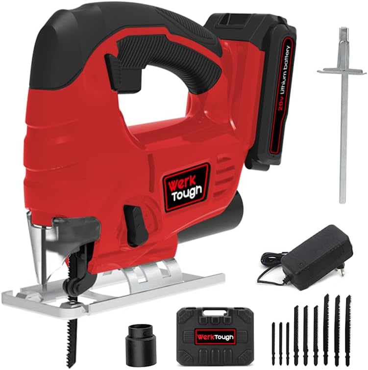 Cordless Jig Saw,20V Electric Jigsaw Tool Kit with Variable Speed,Pendulum Function, 0-45°Adjustable Cutting Bevel,2.0A Li-ion Battery With 1 Hour Fast Charger,9pcs Free Blade