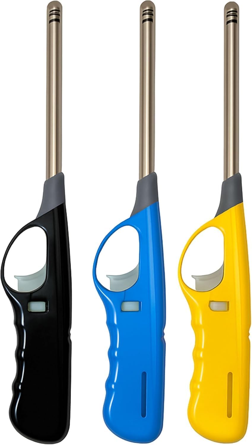 3 x Candle Lighter Refillable Gas Adjustable Flame Windproof Long Reach BBQ Lighter for Kitchen Cooking Camping Wood Burner & Fireworks (Assorted Colors)