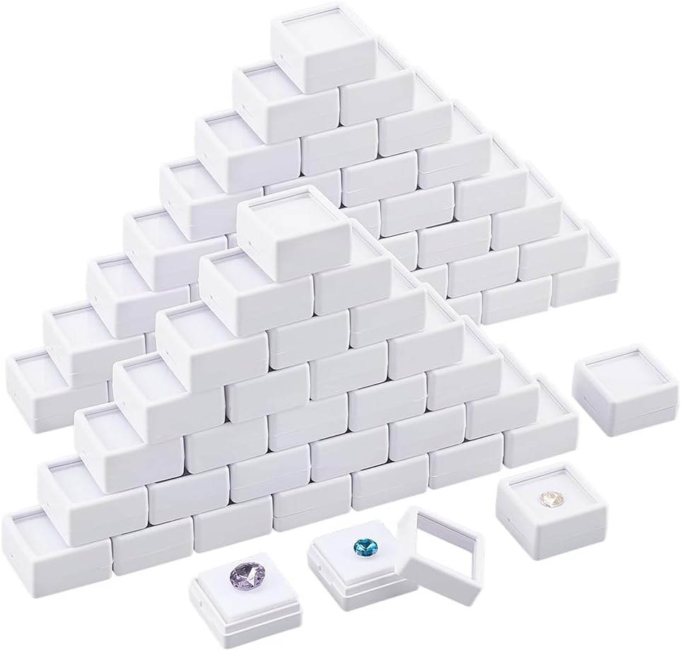 BENECREAT 70pcs White Gemstone Display Box, Plastic Transparent Bare Stone Box Square Gem Box 1.2x0.63 Inch for Gemstone, Jewelry, Crystal Diamond Accessories Display