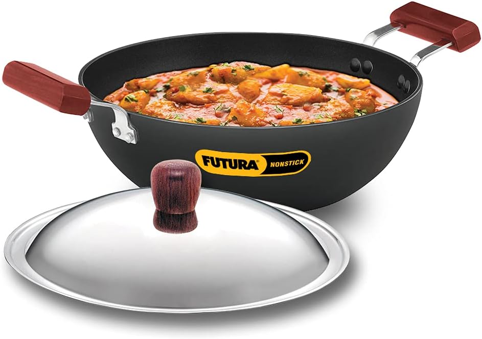 HAWKINS Futura 3.5 Litre Deep Kadhai, Non Stick Kadai with Stainless Steel Lid, Flat Bottom Induction Kadhai, Black (INK35S)