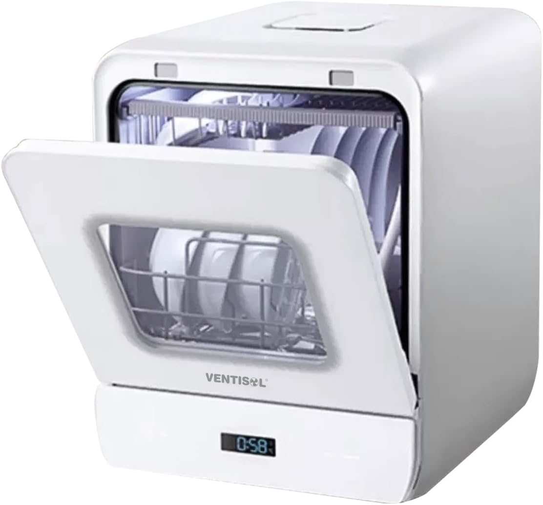 VENTISOL Compact Countertop Dishwasher, 6 Place Settings, Portable with Built-in Water Tank, 5 Washing Programs, LED Display, for Small Apartments, RV, Dorms - White