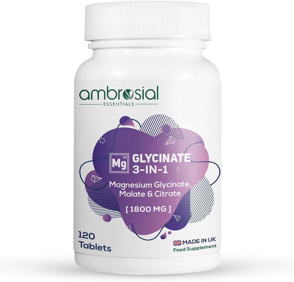 Ambrosial Magnesium Glycinate 3-in-1 Complex - 1800mg Supplements | High Absorption 384mg Elemental Magnesium As Bisglycinate, Citrate & Malate | Made in UK | 120 Tablets